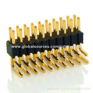 Pin Header with 1.27mm Pitch, Dual-row, Right Angle Dip Type, 300V AC/Minute Withstanding Voltage